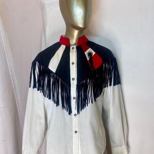 White Button-Down Fringe Western Shirt with Red & Navy Accents